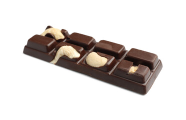 One tasty chocolate bar with cashew nuts isolated on white