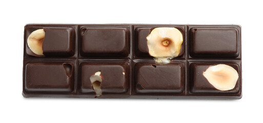 One tasty chocolate bar with nuts isolated on white, top view