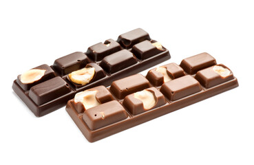 Tasty chocolate bars with nuts isolated on white