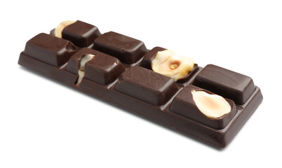 One tasty chocolate bar with nuts isolated on white