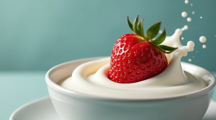 A single, ripe strawberry gracefully falls into a bowl of creamy dairy, creating a delightful splash of refreshing white liquid