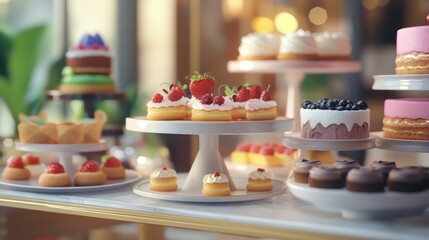 Delicious pastries displayed in a cafe, showcasing various flavors and designs