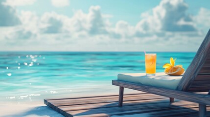 Obraz premium Tranquil Beach Getaway: Relaxing on a Deck Chair with a Tropical Drink