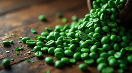 Unroasted coffee beans spilling onto a rustic wooden surface, a close-up view showcasing their vibrant green hue and natural texture
