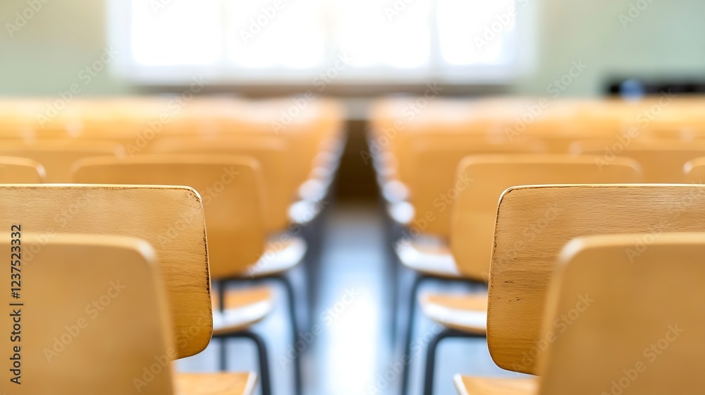 Poster focused school classroom setting with neatly arranged wooden chairs in rows : generative ai