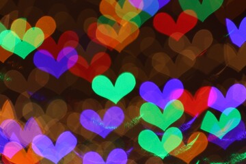 Blurred view of heart shaped lights on dark background, bokeh effect