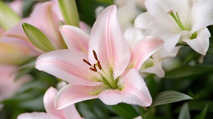 Fototapeta premium Soft Pink and White Lilies Blooming Gracefully in Fresh Green Foliage : Generative AI