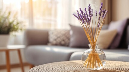 Fototapeta premium Lavender Reed Diffuser on Coffee Table in Living Room