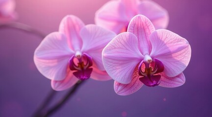 Naklejka premium Delicate Pink Orchids in Soft Light A Close-Up View of Two Exquisite Blooms with Gentle Purple Background