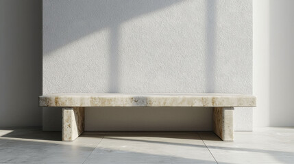 Modern stone bench against textured wall, showcasing minimalist design
