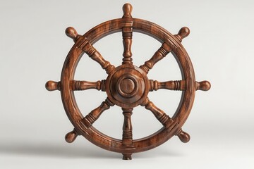 Obraz premium Isolated vintage wooden ship wheel on white backdrop