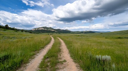 Scenic Dirt Path Through Green Meadow Leading to Rocky Hills Under Cloudy Sky : Generative AI