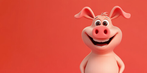 Naklejka premium Smiling cartoon pig character on red background