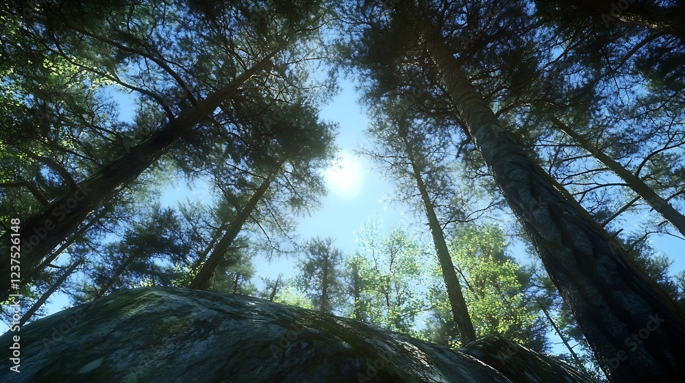 Aufkleber majestic view looking up at tall forest trees and clear blue sky : generative ai