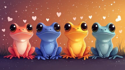 Obraz premium A stack of adorable cartoon frogs forming a pyramid, each with different funny expressions, 