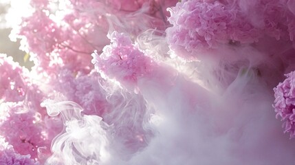 Fototapeta premium Pink floral smoke art, sunlight, spring, dreamy background, ideal for design