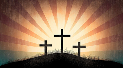 Naklejka premium Three crosses on calvary hill at sunrise representing the crucifixion of jesus christ