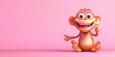 Fototapeta premium Cute cartoon monkey character smiling on pink background