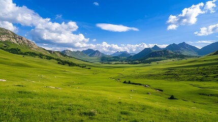 Naklejka premium Scenic Alpine Meadow Landscape with Majestic Mountains Under Blue Sky : Generative AI