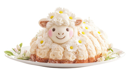 Delicious lamb-shaped cake decorated with flowers resting on white plate, transparent background