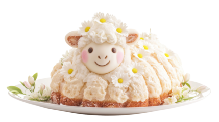 Delicious lamb-shaped cake decorated with flowers resting on white plate, transparent background