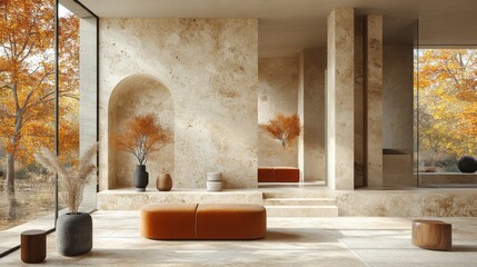 MATERIAL SELECTION MOODBOARD OF A CORPORATE MODERN OFFICE, INCLUDING BEIGE TRAVERTINE WITH CLEAN FINISH, WARM WOOD WITH GLOSSY FINISH, MATT BLACK ALUMINIUM ROD, AND OPAQUE GLASS