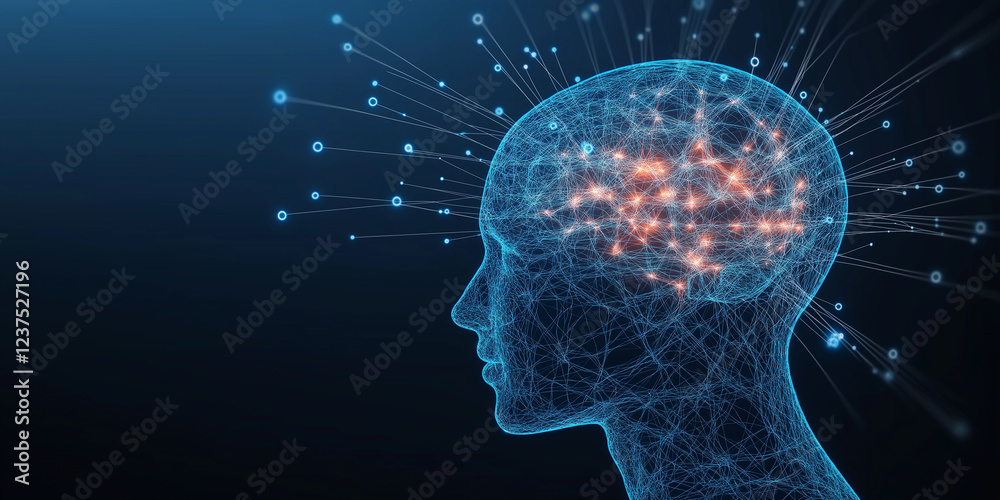 Aufkleber Human head with glowing brain and network connections representing artificial intelligence and neural network