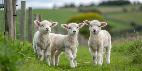 Obraz premium Cute Little Lambs Standing in a Row on a Farm for Heartwarming Scenes