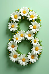Obraz premium Floral number 8 crafted from daisies on a gentle green background for March 8 greetings. Perfect for Women’s Day cards and invitations, this elegant design embodies spring and celebration