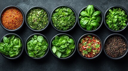 Obraz premium Aromatic Herbs and Spices Collection in Black Bowls
