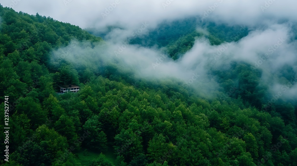 Poster Misty Green Forest in Summertime Encompassed by Lush Foliage and Remote Hut : Generative AI