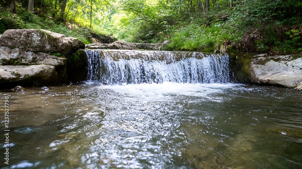Poster Small Cascading Waterfall Flowing Through Forest in Tranquil Nature Scene : Generative AI
