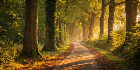 Obraz premium Enchanting autumn forest pathway glowing with golden sunlight, surrounded by towering trees with warm-colored leaves in a picturesque seasonal landscape