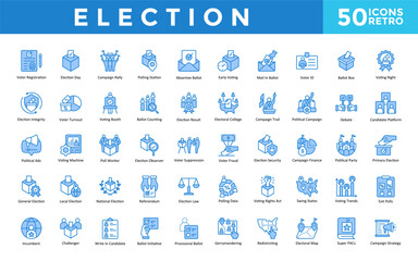 Election icons set with voter registration, election day, campaign rally, polling station, absentee ballot, early voting, mail in ballot, voter id, ballot box icon. Simple retro vector 

