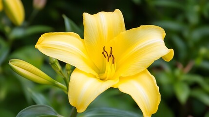Fototapeta premium Bright Yellow Lily Flower Blooming Among Lush Green Foliage in Sunlit Garden : Generative AI