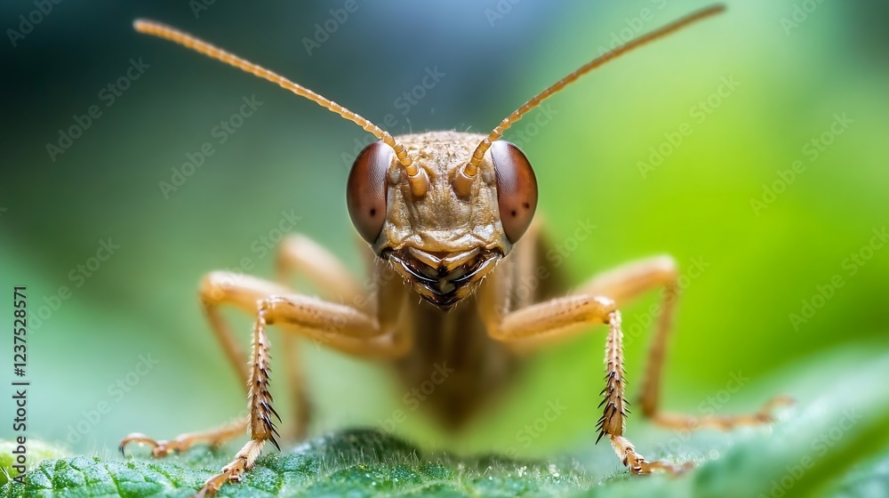 Poster macro shot of a grasshopper with prominent eyes on green leaves : generative ai