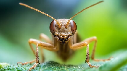 Fototapeta premium Macro Shot of a Grasshopper with Prominent Eyes on Green Leaves : Generative AI