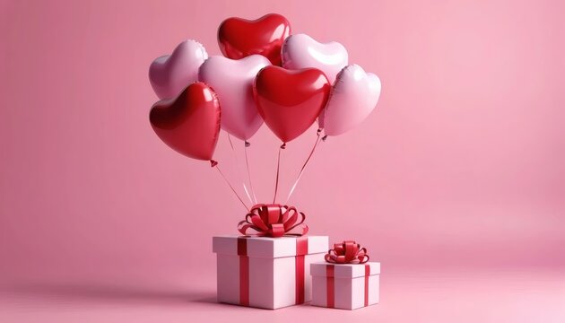 3D heart shaped pink and red balloons flying with gift boxes on pink background
