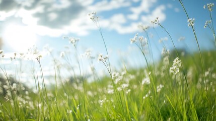 Obraz premium Serene Meadow with Wildflowers and Sunshine Under Blue Sky : Generative AI