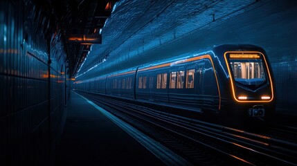 Obraz premium Modern Train Arriving at Night Subway Station