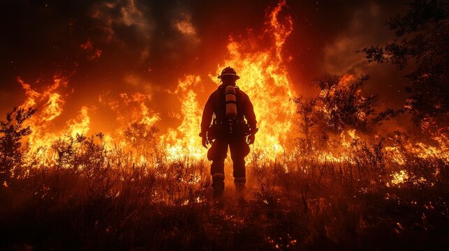 Firefighter Bravely Faces the Inferno: A Silhouette of Courage Against a Wall of Flames