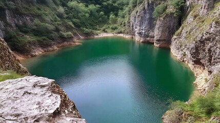 Mysterious Emerald Green Lake Surrounded by Rocky Cliffs in a Secluded Forest : Generative AI