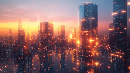 Fototapeta premium A vibrant city skyline at sunset, with towering skyscrapers illuminated by glowing lights, reflecting a futuristic and energetic atmosphere.