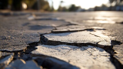 Fototapeta premium Closeup view of cracked and dry pavement in sunlight reflecting surface texture : Generative AI