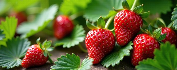Fresh strawberry background with green leaves, summer, garden, nature