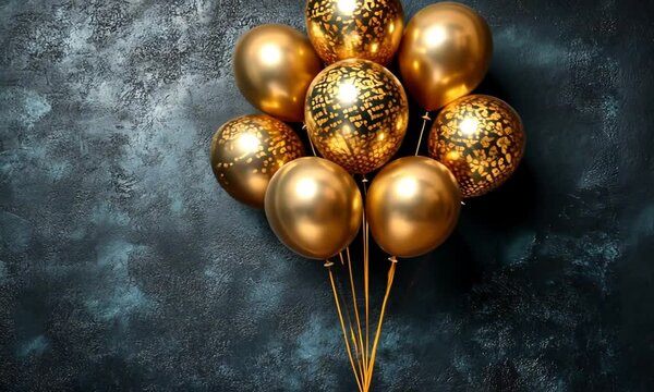 A cluster of golden balloons with intricate patterns against a textured dark background, symbolizing celebration