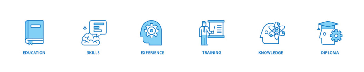 Qualification icon set flow process which consists of education, skills, experience, training, knowledge, and diploma icon live stroke and easy to edit .