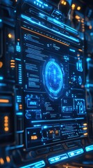 Fototapeta premium A futuristic digital interface featuring glowing blue elements, intricate circuitry, and vibrant lights, suggesting advanced technology and data visualization.