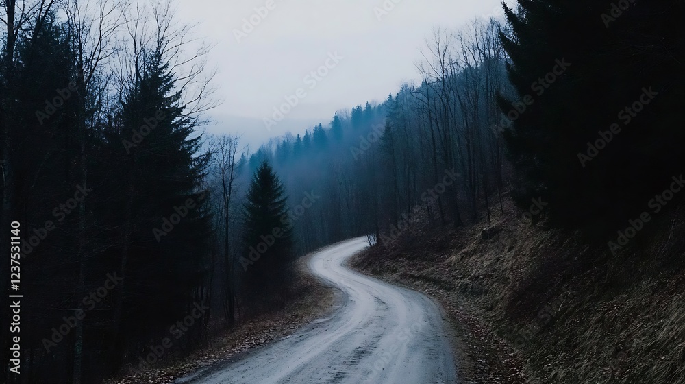 Aufkleber Lonely Forest Pathway in Misty Twilight with Trees and Overcast Sky : Generative AI