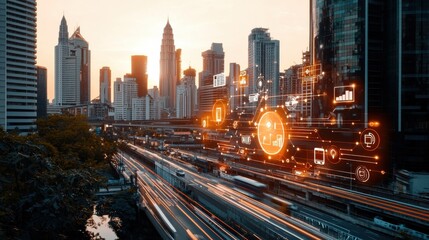 Urban traffic flow and technology integration cityscape digital art sunset environment aerial view smart city concept